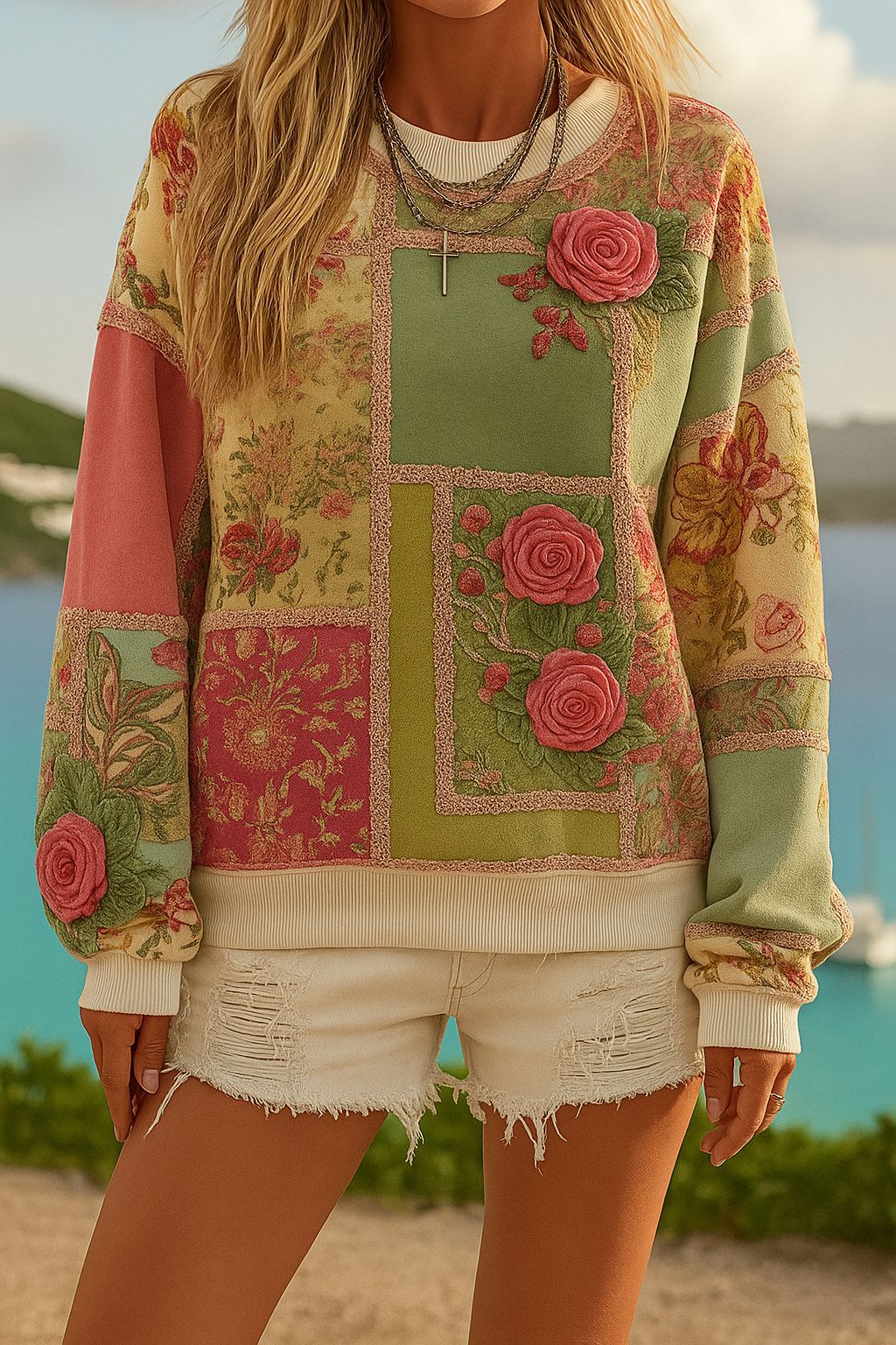 Damen Gemustertes Oversize-Sweatshirt mit dreidimensionalen Rosenapplikationen und Rippbündchen – Avérine