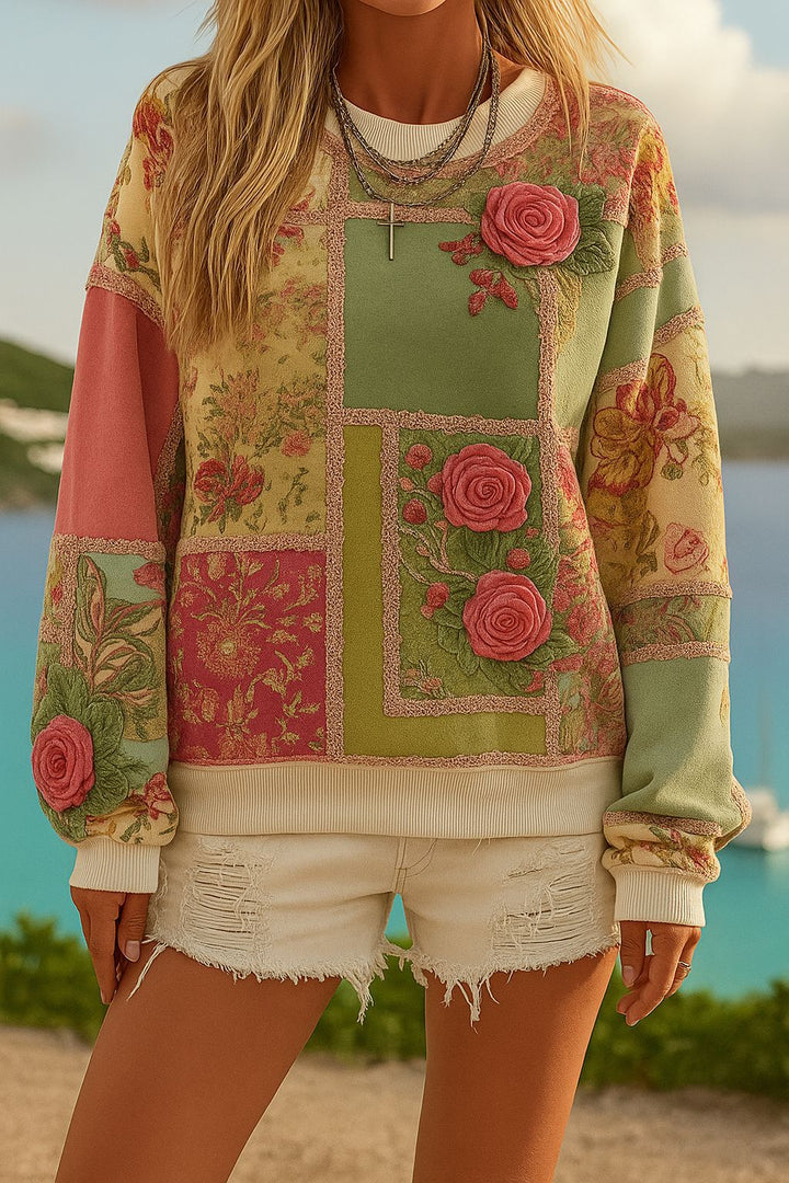 Damen Gemustertes Oversize-Sweatshirt mit dreidimensionalen Rosenapplikationen und Rippbündchen – Avérine