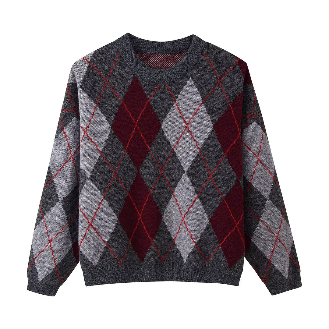 Damen Rauten-Argyle Strickpullover mit Rundhals und leichtem Oversize-Schnitt Echo Archiv