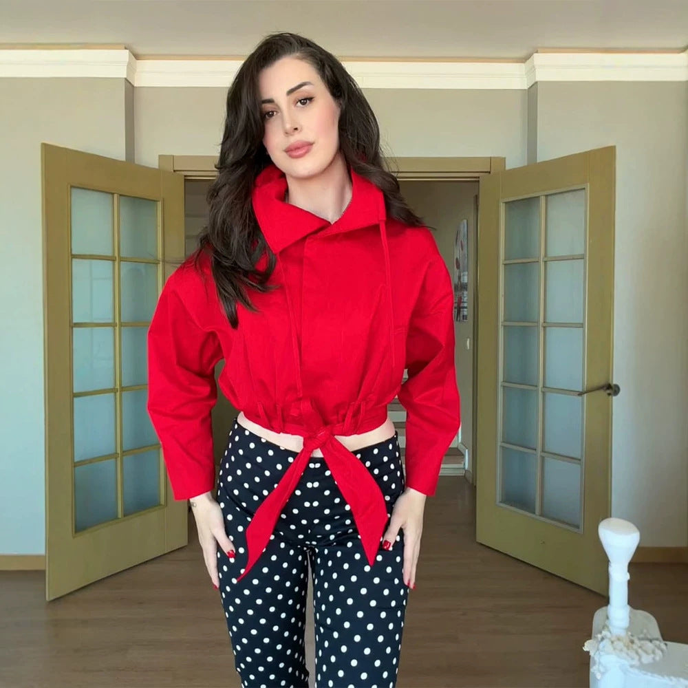 Damen Oversize Kurzjacke mit Taillengürtel und Hemdkragen Echoarchiv