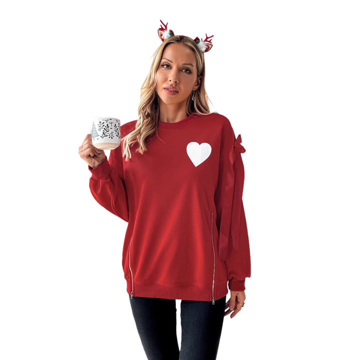 Damen Weihnachtlicher Sweatshirtpullover mit Herzapplikation und Seitenschleifen Echoarchiv