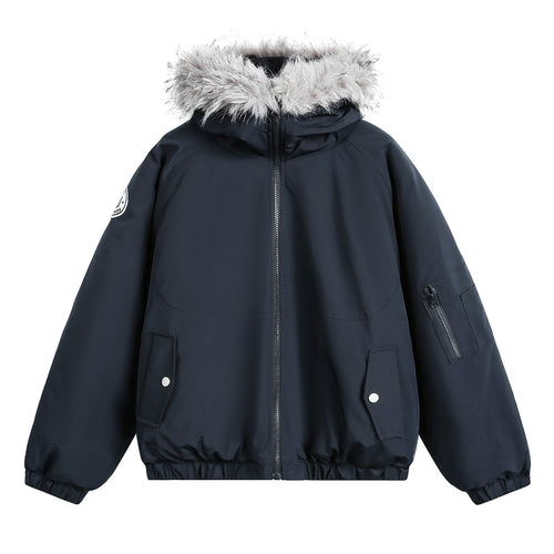 Damen Wattierte Bomberjacke mit Kapuze, Kunstfellkragen und elastischem Saum Echo Archiv