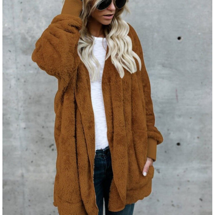 Damen Oversize Teddy‑Fleece‑Mantel mit offener Front, Eingrifftaschen und Rippbündchen – Montévia