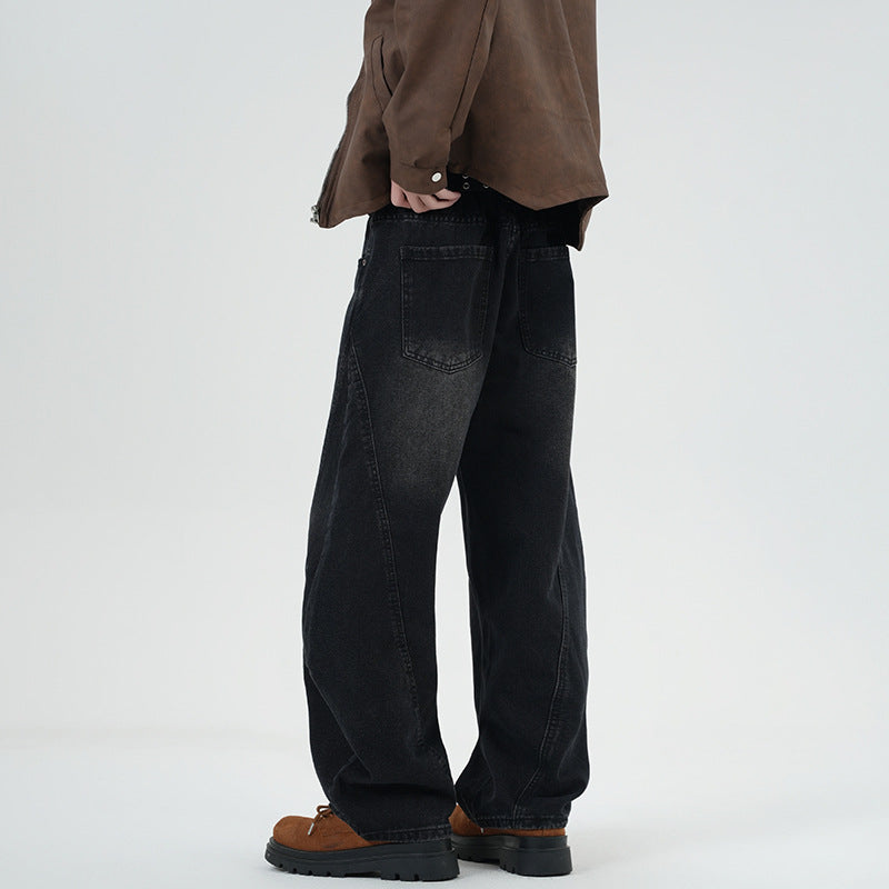 Herren Weite Stonewashed-Paneel-Denimhose mit tiefem Schritt und markanten Ziernähten Echo Archiv