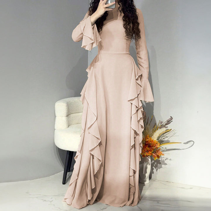Damen nan Maxikleid mit Volantbesatz, taillierter Empire‑Silhouette und langen Glockenärmeln Echo Archiv