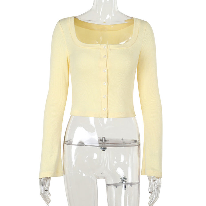 Damen Cropped Langarmshirt mit Knopfleiste und weitem Ausschnitt Echo Archiv