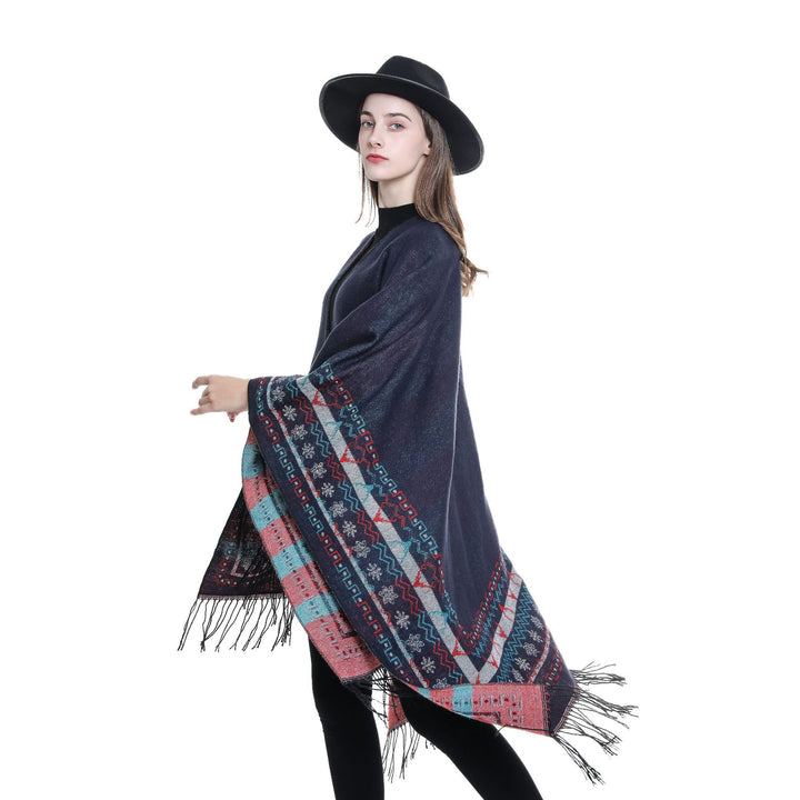 Damen Wollmix-Kimono-Poncho mit Norwegerbordüre und Fransen Echo Archiv