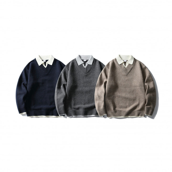 Unisex Oversize-Strickpullover mit kontrastierendem Polokragen und V‑Ausschnitt Echo Archiv