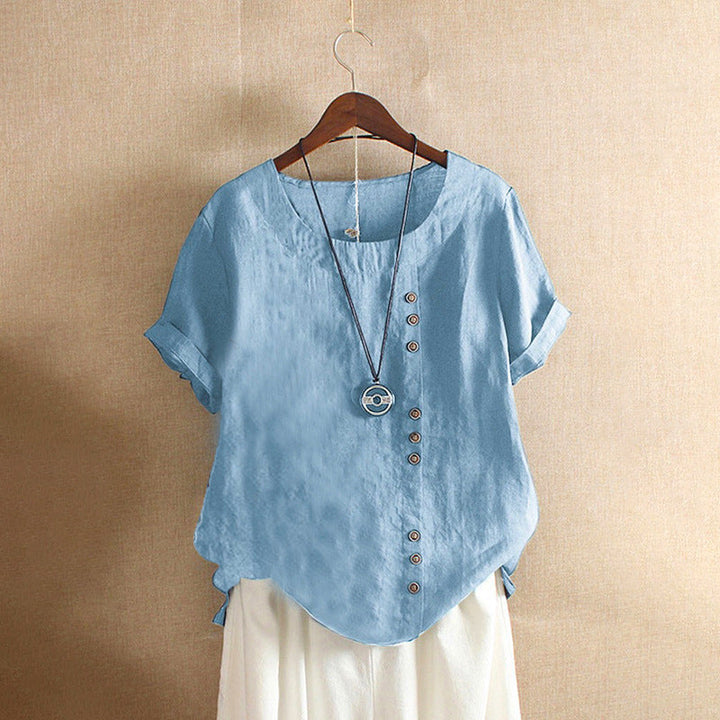 Damen Lässige Leinenbluse mit Umschlagbaren Ärmeln und Knopfdetails Echoarchiv