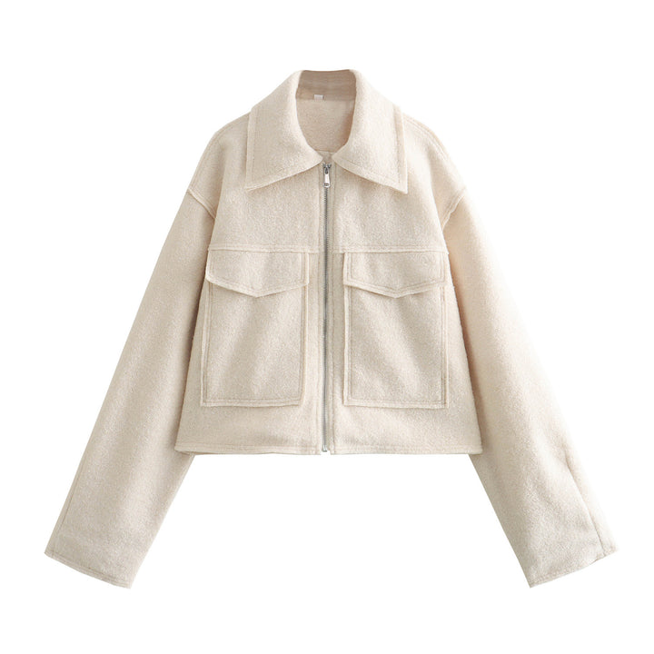 Damen Kurze Bouclé‑Jacke im Boxy‑Cut mit Reißverschluss und Pattentaschen Echo Archiv