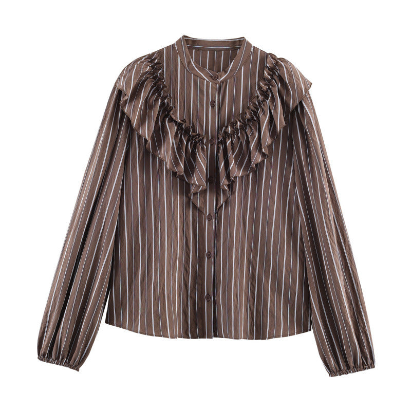 Damen Rüschenbluse mit Stehkragen, feinen Streifen und gerafften Ärmeln Echo Archiv