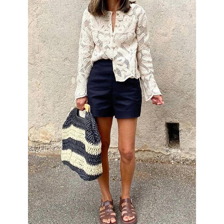 Damen Häkel-Cardigan mit Blumen‑Ajourmuster, Knopfleiste & gewelltem Saum Echoarchiv