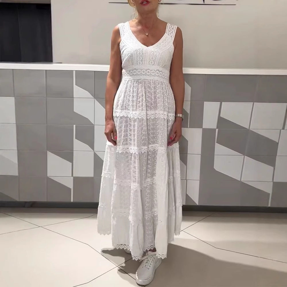 Damen nan ärmelloses Boho-Spitzen-Lagenmaxikleid mit V-Ausschnitt und Empire-Taille Echo Archiv