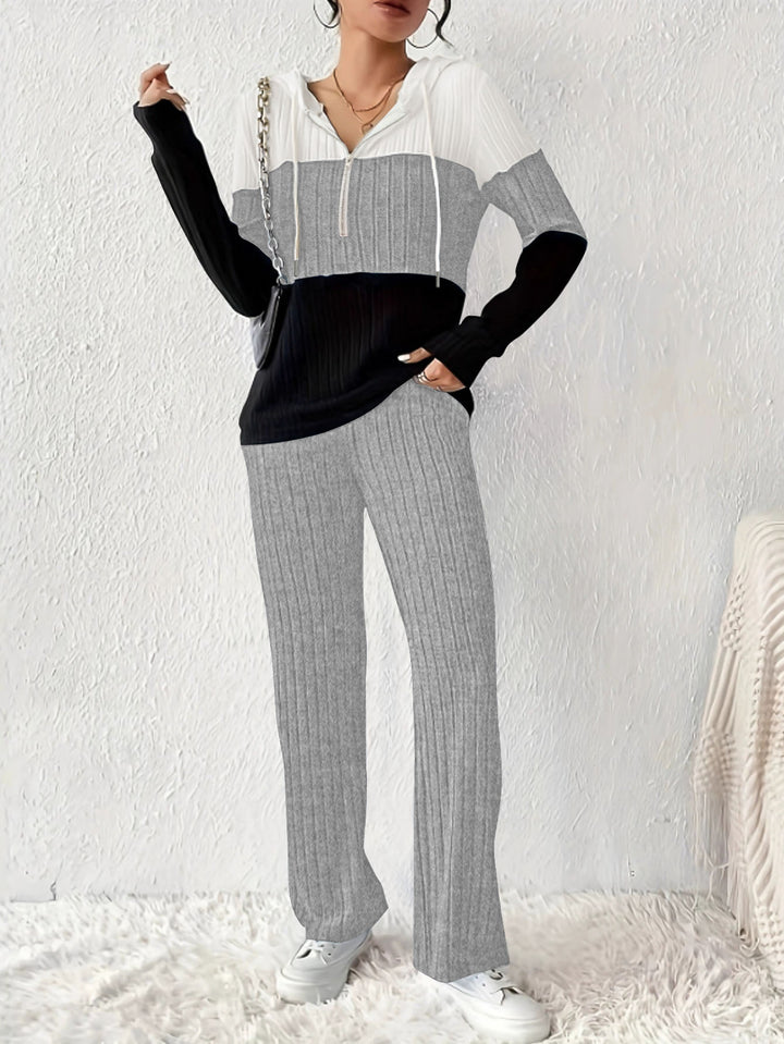 Damen Geripptes Lounge-Set mit Kapuzen-Halfzip und weitem Palazzo-Strickhose – Élanora