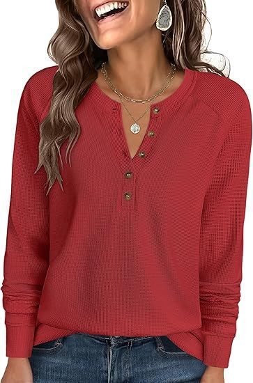 Damen Waffelstrick-Henley-Longsleeve mit Knopfleiste, Raglanärmeln und gerippten Bündchen Echo Archiv