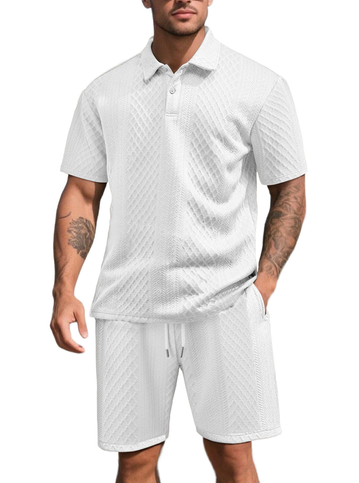 Herren nan dreidimensionales Relief-Freizeit-Set mit Polokragen, verdeckter Knopfleiste und elastischer Tunnelzugshorts Echo Archiv