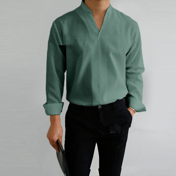 Herren Langarmhemd im modernen Mandarin-Kragen-Stil mit eleganter Knopfblende Echoarchiv