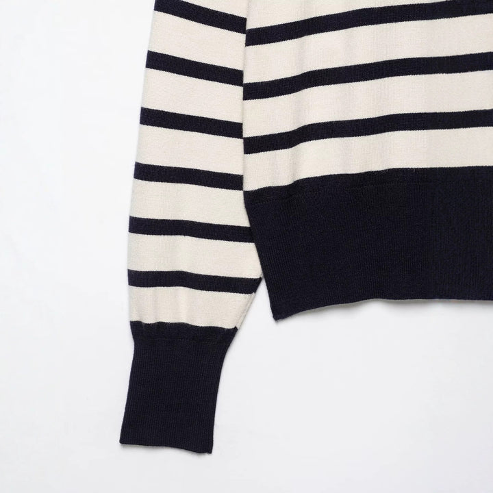 Damen Gestreifter Feinstrick-Pullover mit Halbreißverschluss und Stehkragen Echo Archiv