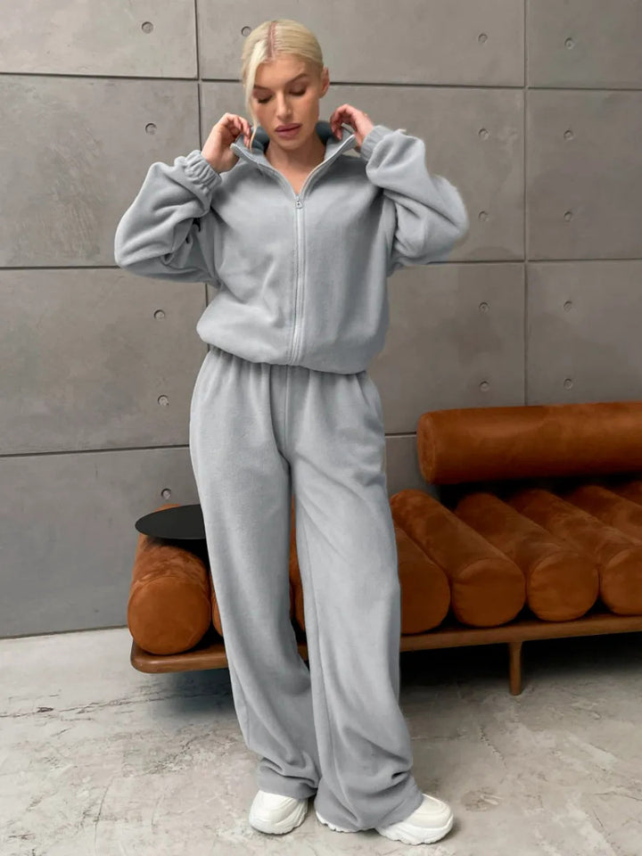 Damen Komfortables Fleece-Loungewear-Set mit kurzem Zip-Top und weiter High-Waist-Hose – Auréline