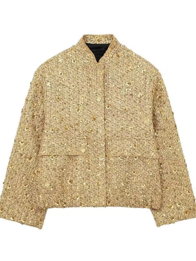 Damen nan strukturierte Boucléjacke mit Stehkragen, aufgesetzten Taschen und elastischem Saum Echo Archiv