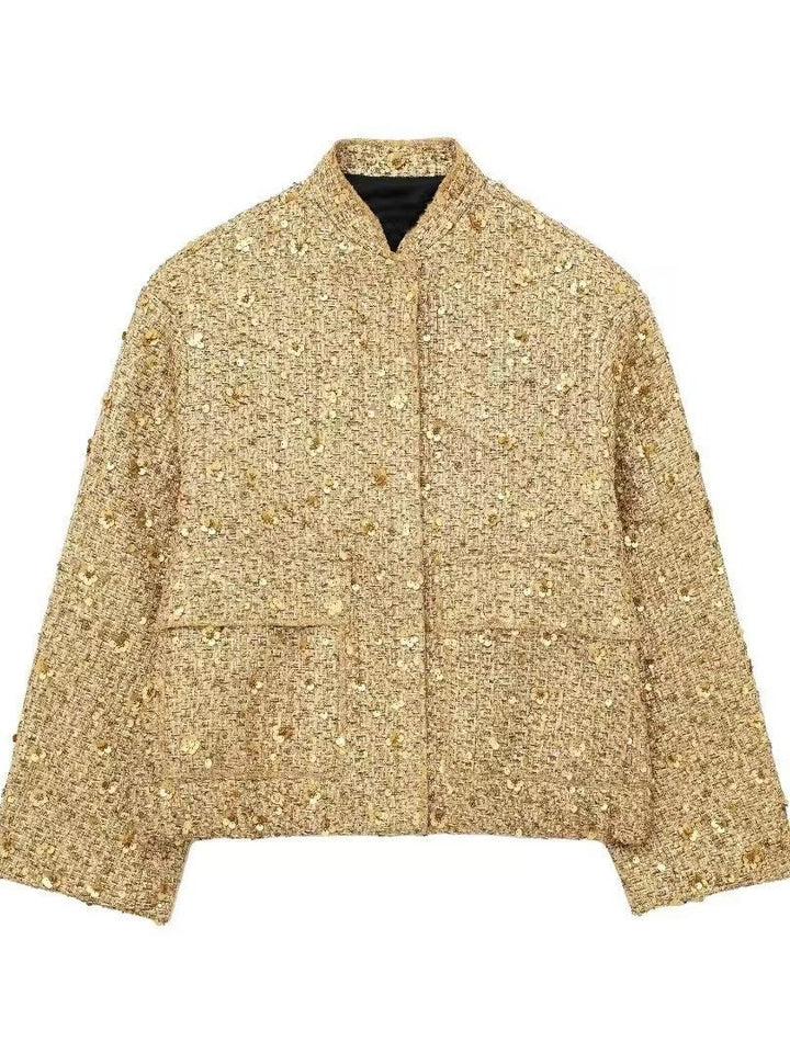 Damen nan strukturierte Boucléjacke mit Stehkragen, aufgesetzten Taschen und elastischem Saum Echo Archiv