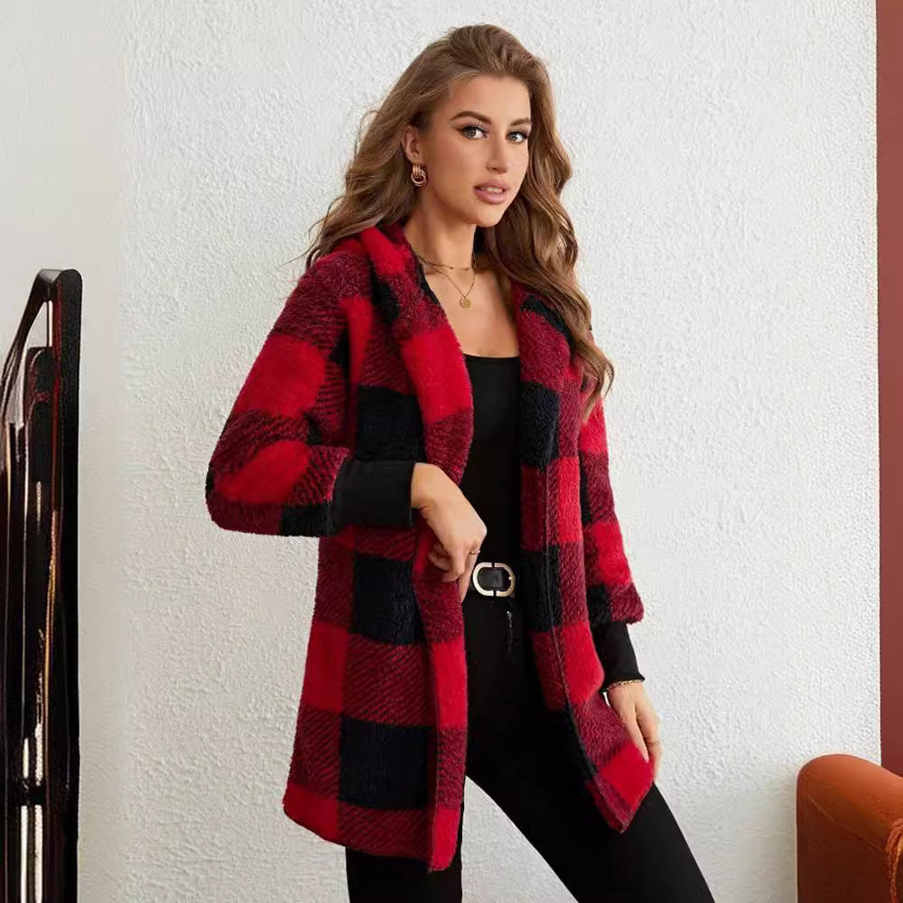 Damen nan karierter Teddy-Mantel mit großem Reverskragen und Rippbündchen Echo Archiv