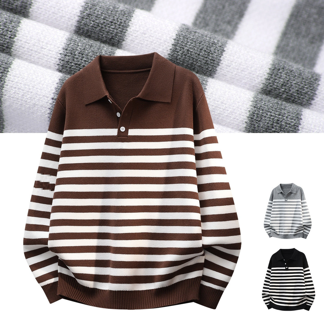 Herren Gestreifter Oversize Polo Strickpullover mit Halbknopfblende und gerippten Abschlüssen Echoarchiv