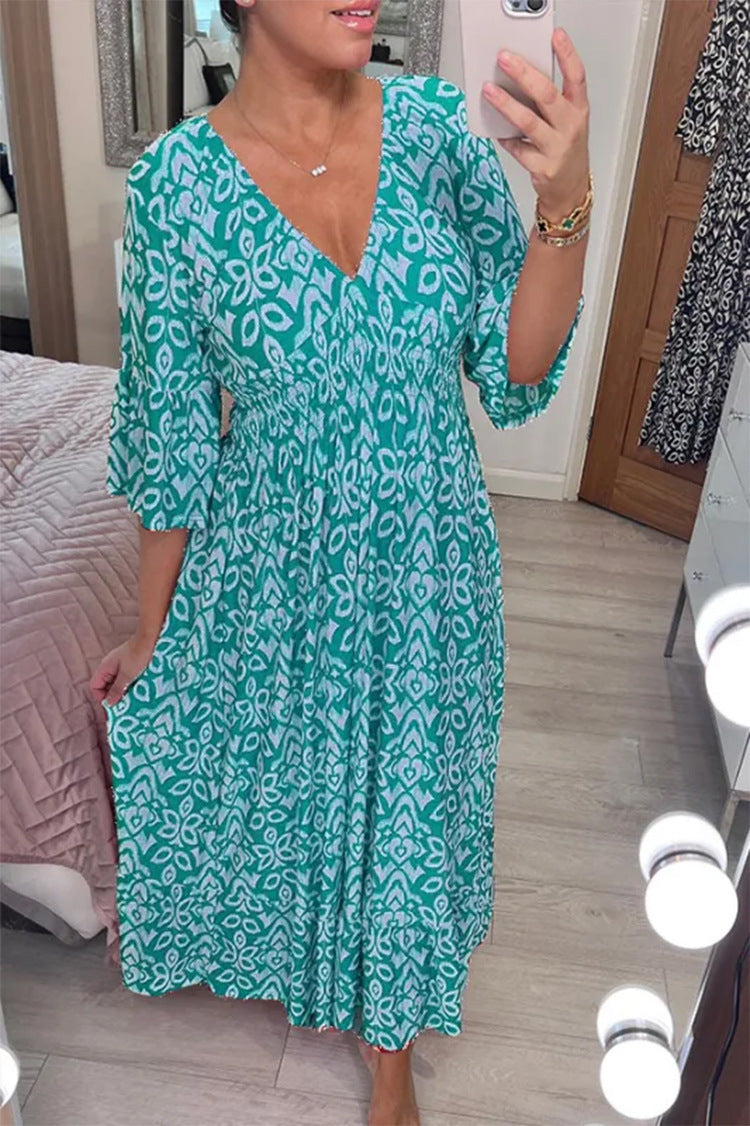 Damen Maxikleid mit V-Ausschnitt und weit ausgestellten Ärmeln Echo Archiv