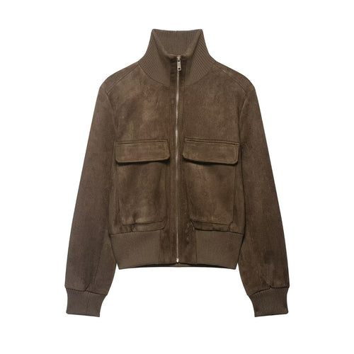 Damen Bomberjacke aus Velourslederoptik mit hohem Rippkragen und Pattentaschen Echoarchiv