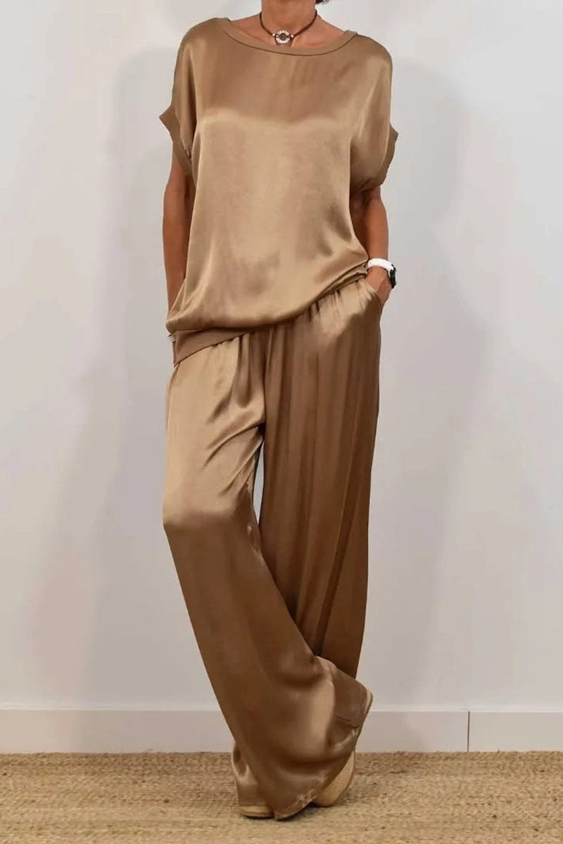 Damen Elegantes Satin Lounge-Set mit weitem Schnitt und lässigem Oberteil Echoarchiv