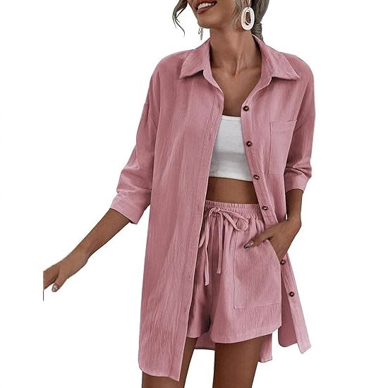 Damen Leichtes Longline-Hemdjacken-Set mit elastischer High-Waist-Shorts – Élanora