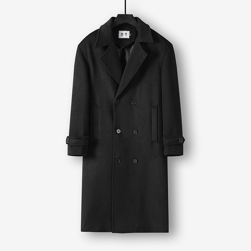 Herren Langer Doppelreihiger Wollmantel mit minimalistischer Silhouette und Schalkragen Echoarchiv