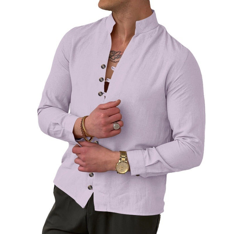 Herren nan elegantes Langarm-Leinenhemd mit Stehkragen asymmetrischer Knopfleiste und schmaler Passform Echo Archiv