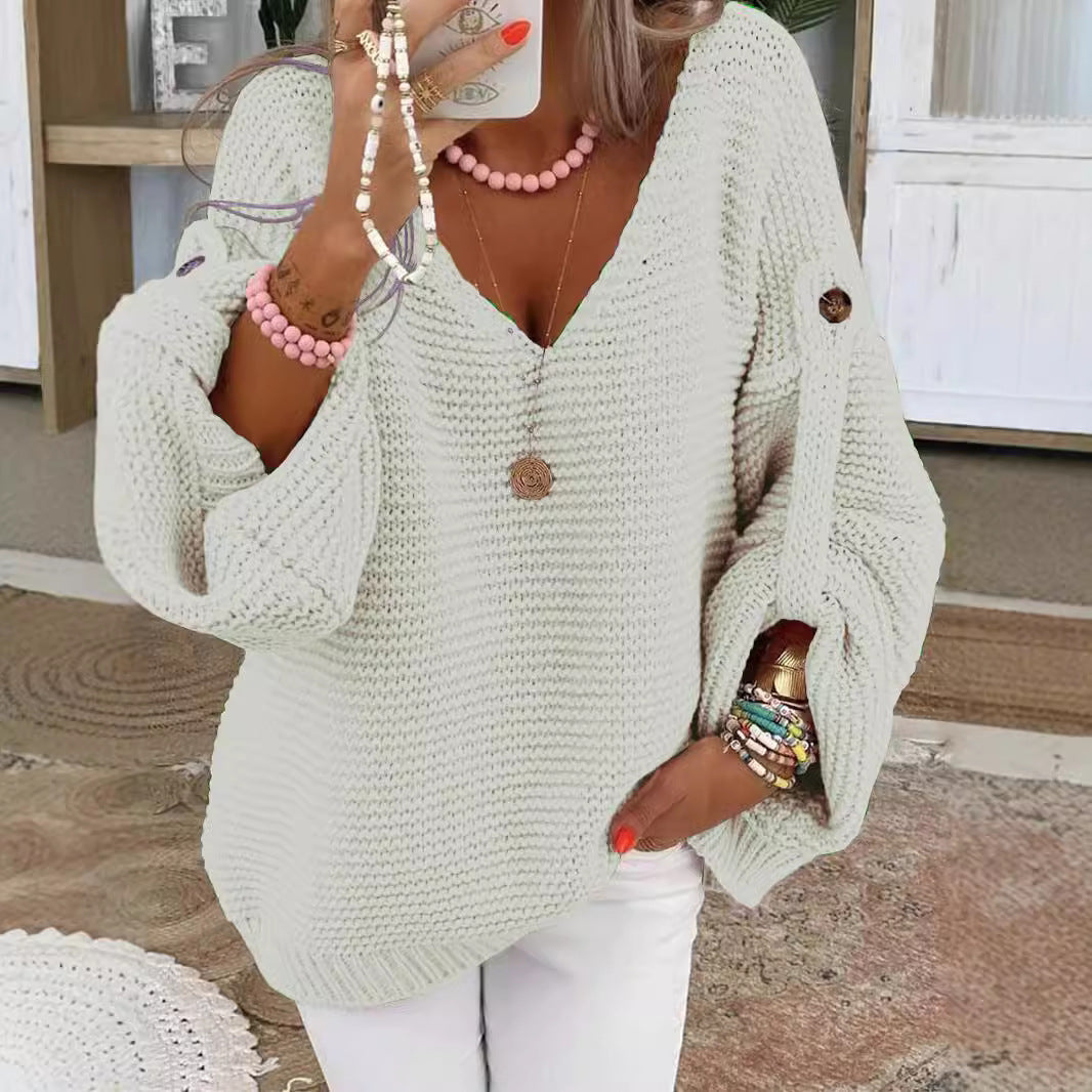 Damen weiter Strickpullover mit V-Ausschnitt, Ballonärmeln und Knopfdetail Echo Archiv