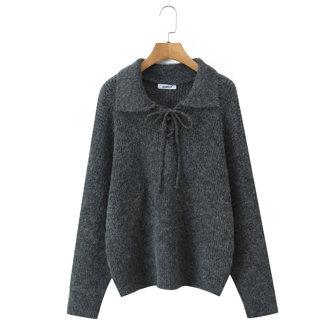 Damen Kuscheliger Strickpullover mit breitem Polokragen und Kordelbindung Echoarchiv