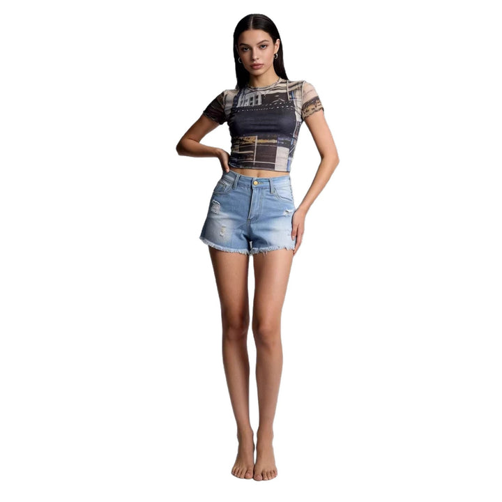 Damen Crop Top und High-Waist Jeans-Shorts Echo Archiv