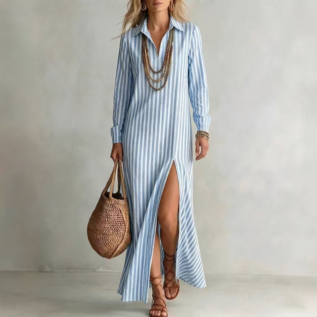 Damen Langes Hemdkleid im Streifen-Look mit Kragen, langen Ärmeln und hohem Beinschlitz Echoarchiv