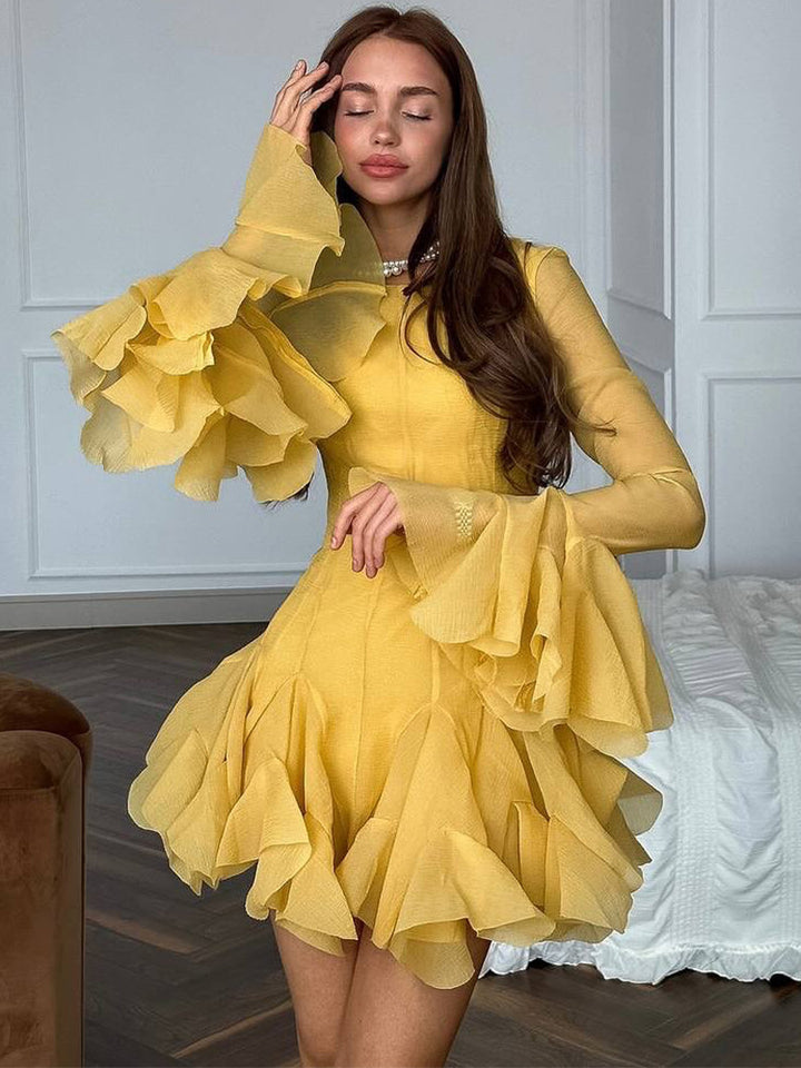 Damen Rüschen‑Chiffon‑Minikleid mit Volants und transparenten Ärmeln Echoarchiv