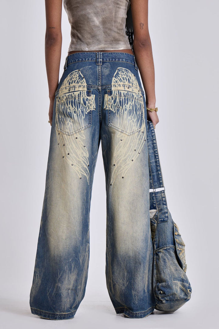 Damen weite Jeans mit kunstvollem Flügel-Design und einzigartigen Details Echo Archiv