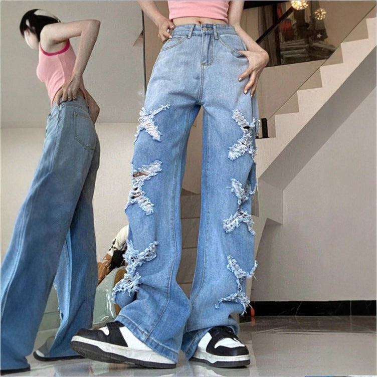 Damen Weite Denim-Jeans im Baggy-Stil mit dekorativen Fransenstern-Applikationen Echo Archiv