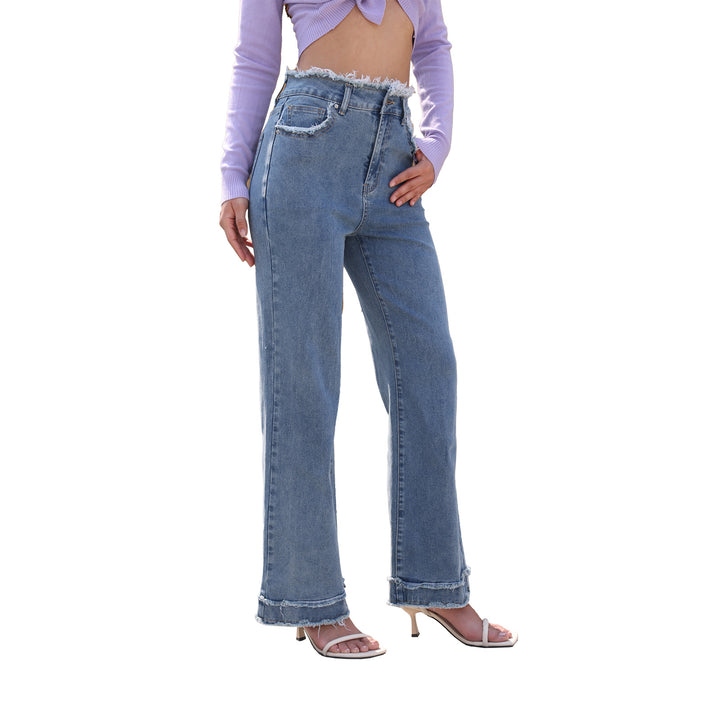 Damen Hochtaillierte Denim-Hose mit ausgefranstem Bund und weitem Bein Echo Archiv