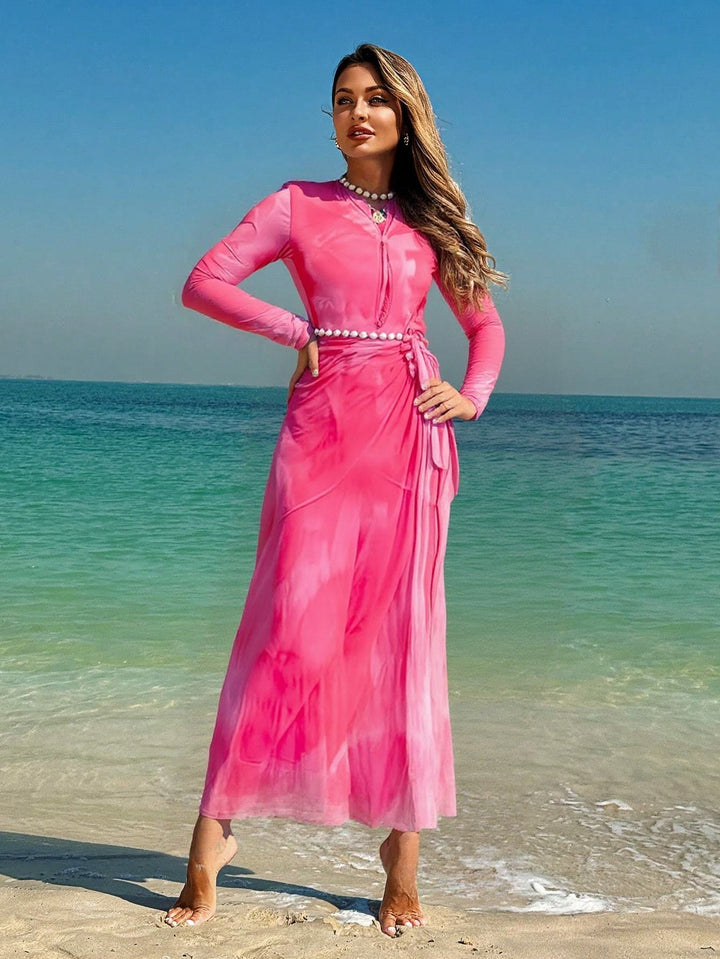 Damen Elegantes Strandkleid mit transparenten Ärmeln und drapiertem Design Echo Archiv