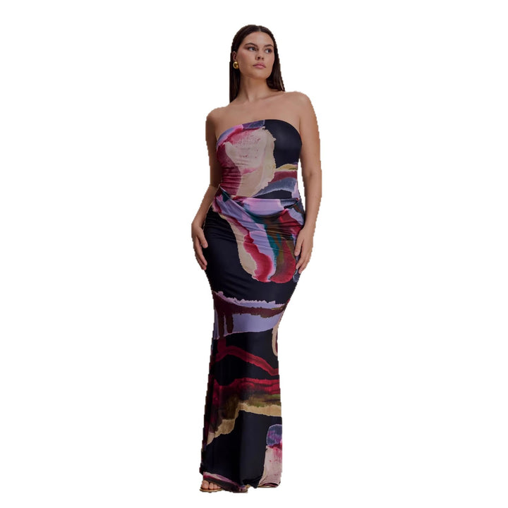 Damen Strapless Maxikleid mit fließendem Stoff und kunstvollem Druck Echo Archiv