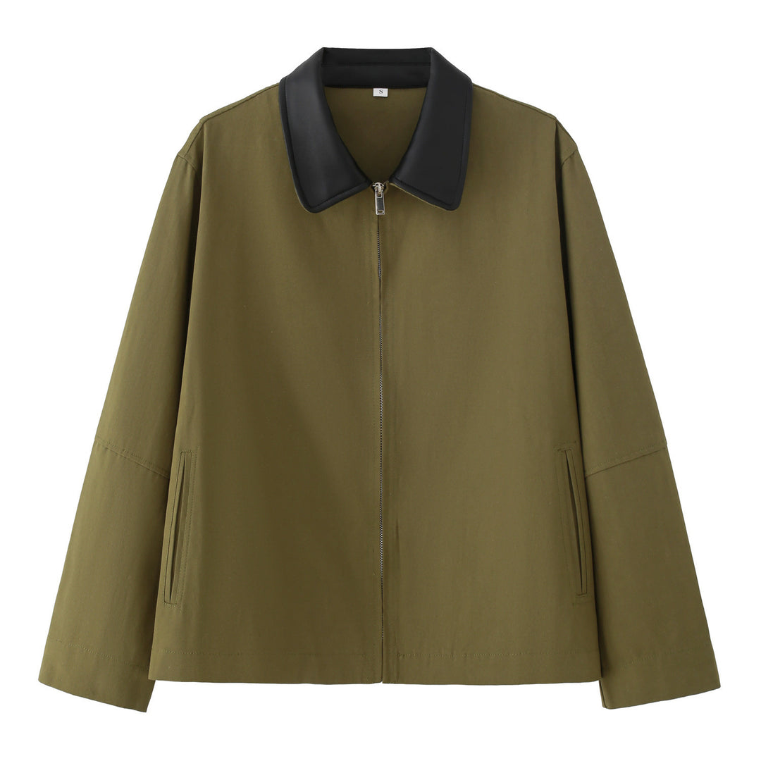 Damen Boxy Übergangsjacke mit kontrastkragen aus Kunstleder und durchgehendem Reißverschluss – Célinea