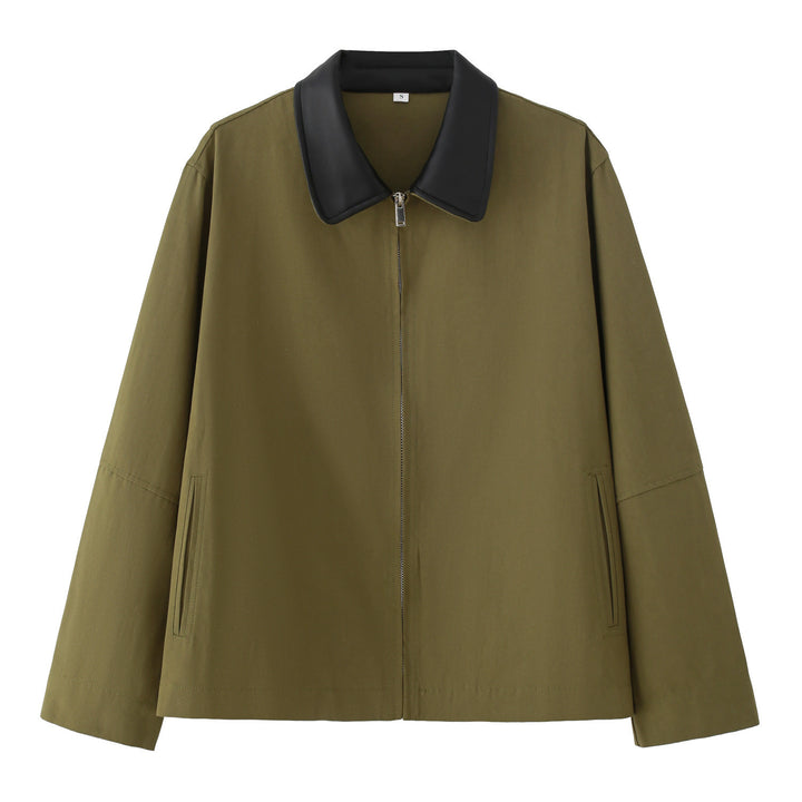 Damen Boxy Übergangsjacke mit kontrastkragen aus Kunstleder und durchgehendem Reißverschluss – Célinea