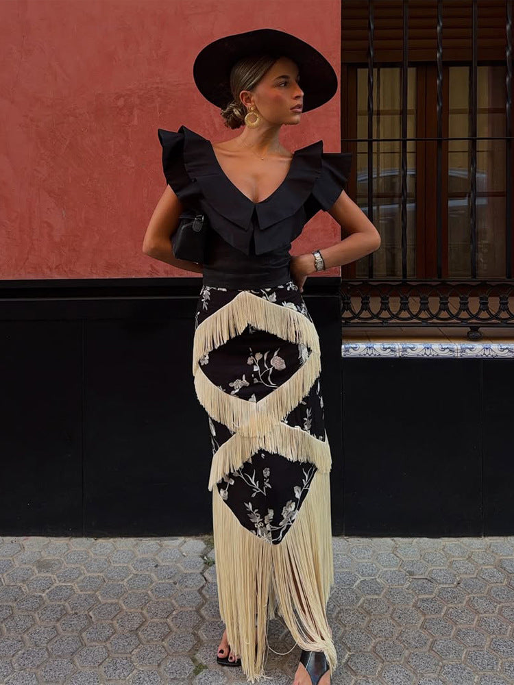 Damen Maxirock mit floralem Print & mehrlagigen Fransen-Details Echoarchiv