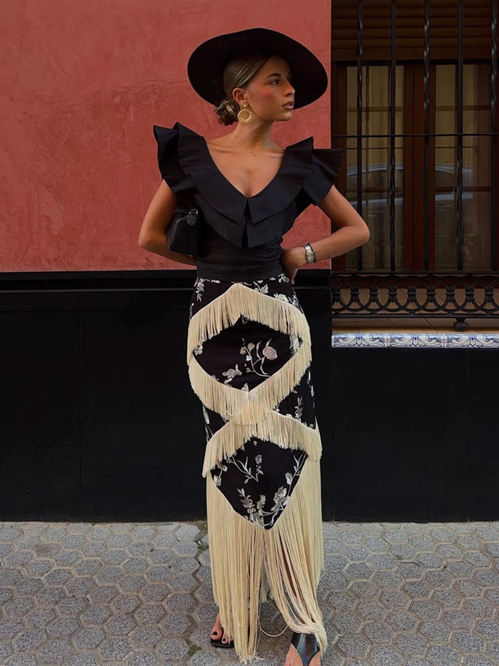 Damen Maxirock mit floralem Print & mehrlagigen Fransen-Details Echoarchiv