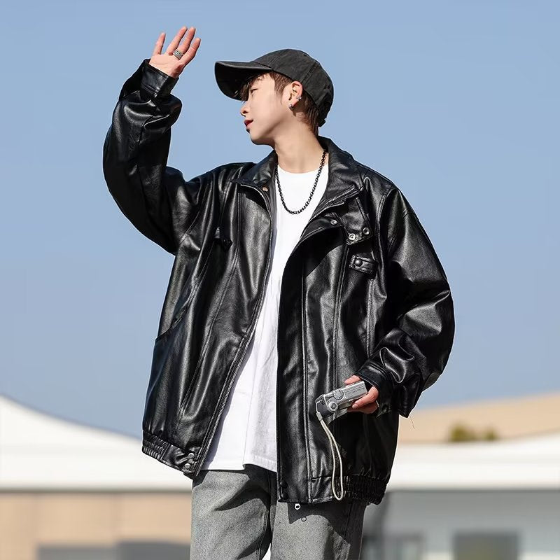 Herren Oversized Kunstlederjacke im Bomberstil mit Stehkragen und elastischem Saum Echoarchiv