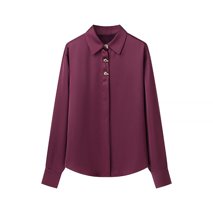 Damen luxuriöse seidenähnliche Hemdbluse mit Zierknopfleiste und klassischem Kragen – Élovi