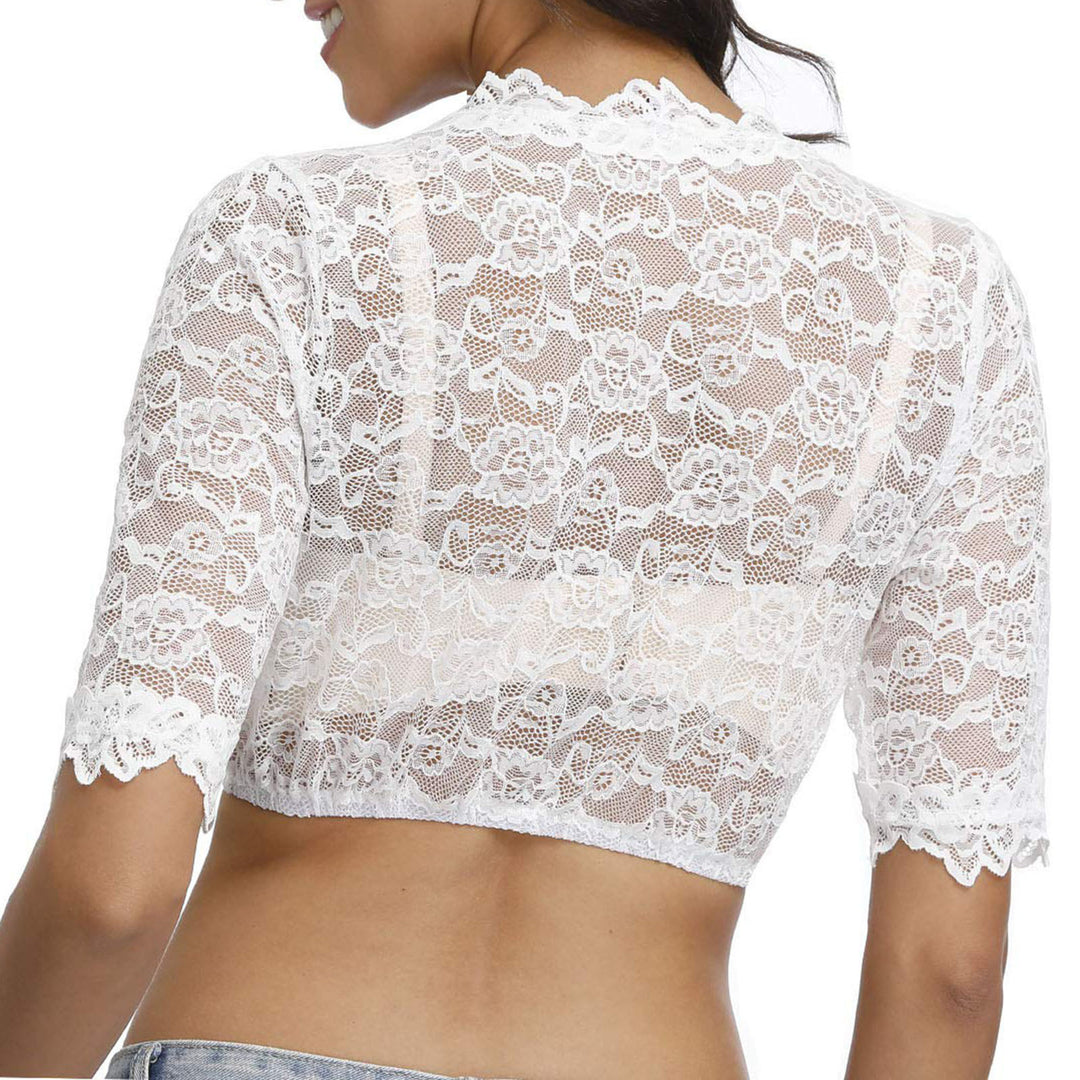 Damen nan spitzenbesetzte Kurzbluse mit V-Ausschnitt und halblangen Ärmeln Echo Archiv